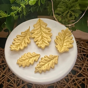 Könnte beinhalten: Fünf goldfarbene Eichenblattdekorationen auf einem weißen Keramikteller angeordnet. Die Blätter haben detaillierte Adern und ein metallisches Finish. Der Teller steht vor einem Hintergrund aus Grün und einer gewebten Matte.