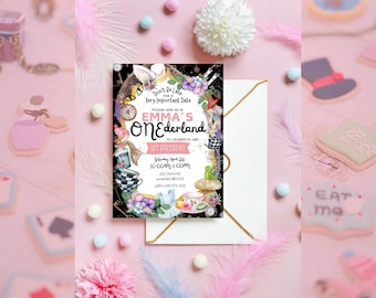May include: A whimsical Alice in Wonderland themed first birthday party invitation with a pink and white color scheme. The invitation features a cartoon illustration of Alice, the Mad Hatter, and other characters from the story. The text on the invitation reads "Don't Be Late for a Very Important Date. Please join us in Emma's One-derland to celebrate her 1st Birthday. Saturday, April 26, 10:00 AM - 1:00 PM."