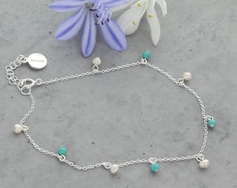 Turquoise And Pearl Personalised Ankle Bracelet