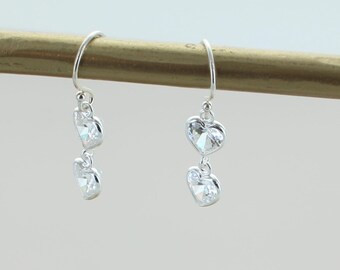 Double Heart Zircon Sterling Silver Drop Earrings