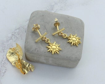 Gold Plated Sterling Silver Bar and Sun Drop Stud Earrings