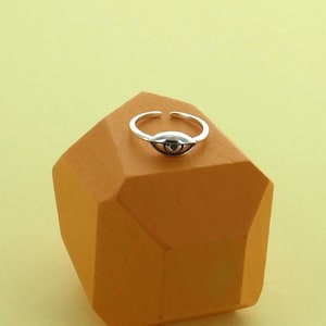 May include: A silver adjustable ring with an eye motif and a dark centre. The ring sits on a geometric, orange-brown block against a light green background.