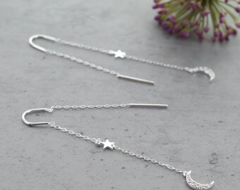 Zircon Moon And Star Threader Earrings