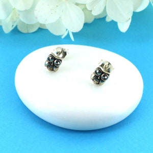 May include: A pair of silver owl stud earrings. The owls are detailed with black eyes and a textured surface.