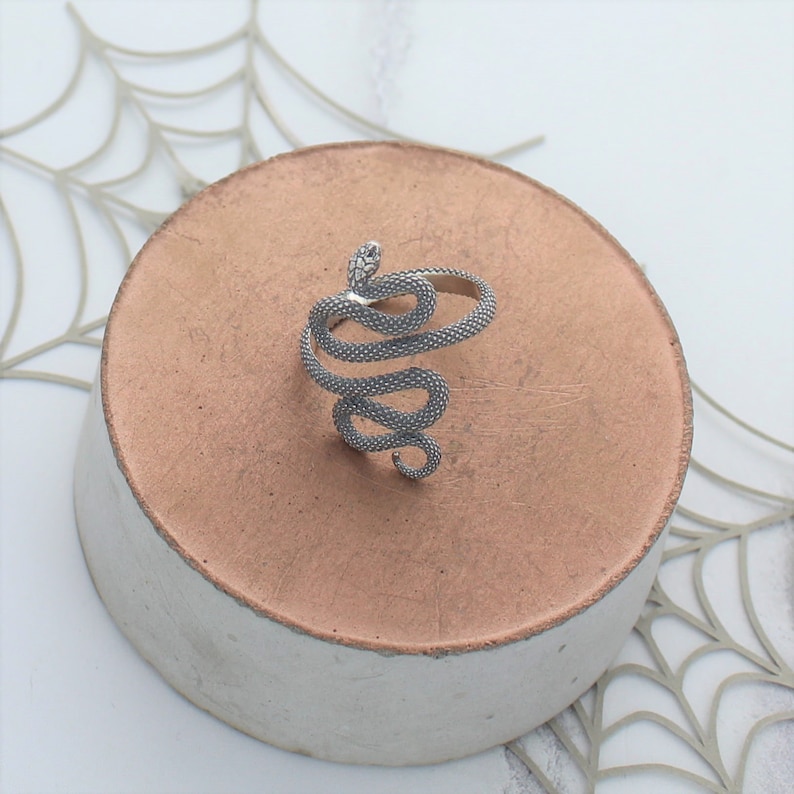 May include: A silver snake ring with a textured finish. The ring is coiled and the snake's head is raised.
