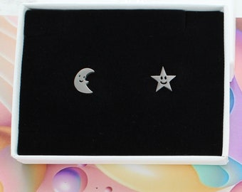 Happy Star And Moon Stud Earrings