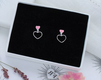 Pink Enamel Heart Drop Earrings