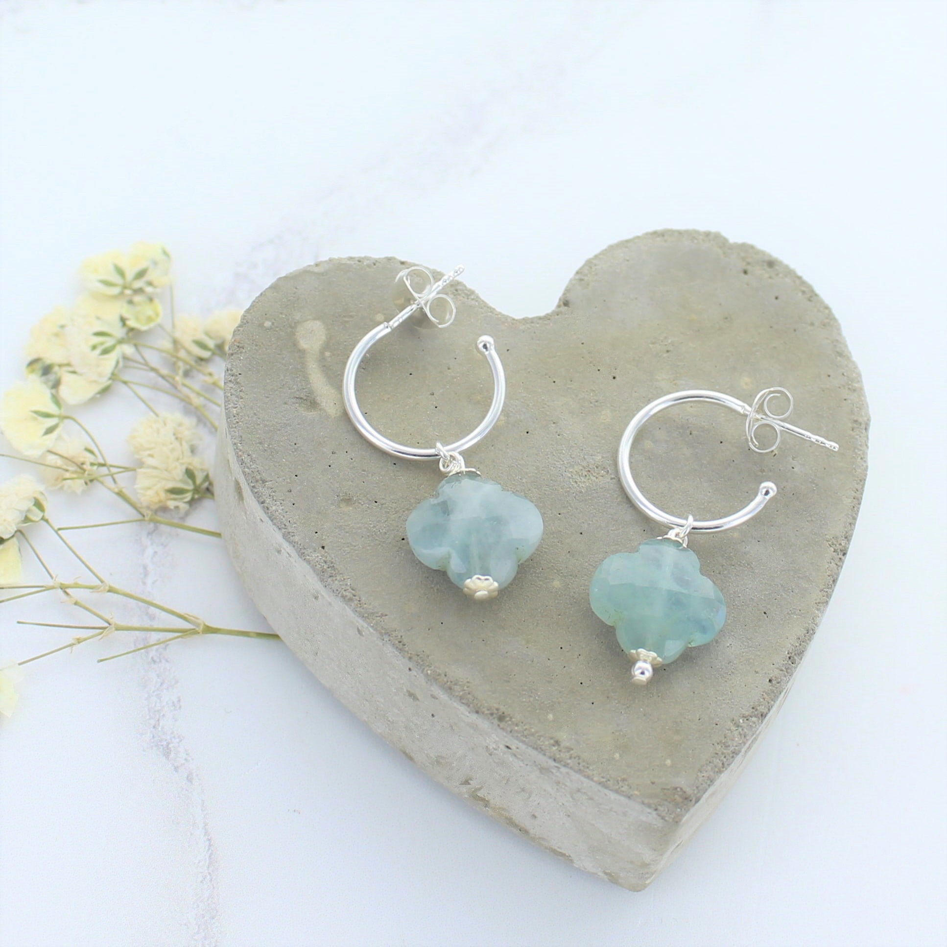 Sterling Silver Hoop and Faceted Cloudy Aquamarine Earring 