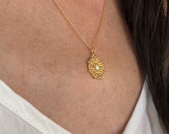 Opal Moon Amulet Charm Necklace - Gold Plated Sterling Silver