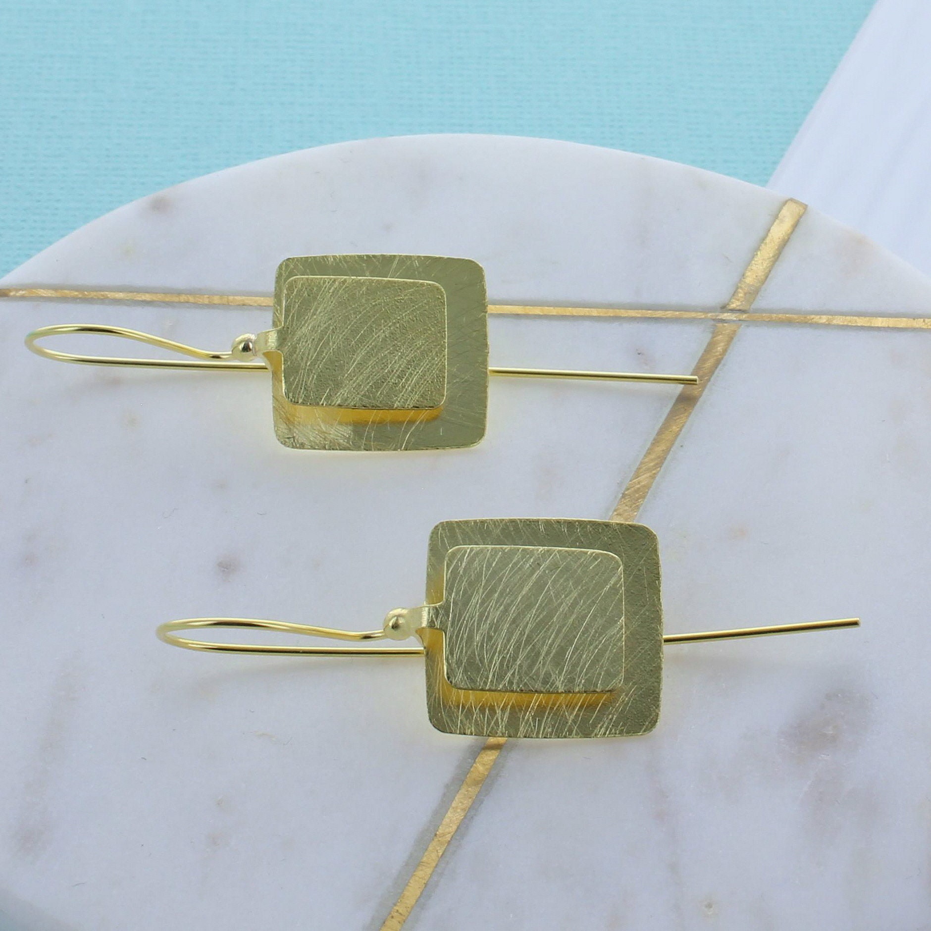 Brushed Gold Plated Sterling Silver Square Earrings - Etsy