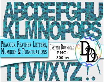 Peacock Feather Alphabet Printable Letters Digital Scrapbook Bird Clipart Commercial Use Graphic Clip Art Instant Download File Alph0002