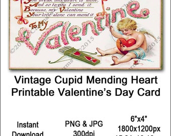 Vintage Cupid Valentine Card Victorian Valentine’s Printable Cupid Sewing Heart Clipart Card Instant Download Digital Clip Art Image Vin0014