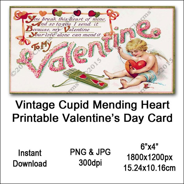 Vintage Cupid Valentine Card Victorian Valentine’s Printable Cupid Sewing Heart Clipart Card Instant Download Digital Clip Art Image Vin0014