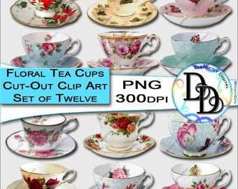 Floral Tea Cup Clipart Printable Cut Out Flower Coffee Mug Commercial Use Digital Graphic Clip Art Instant Download CA0010