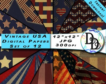 12 Vintage 4th of July American Patriotic Red White & Blue Printable Digital Scrapbook Paper Instant Download Clip Art Commercial Use PS0019