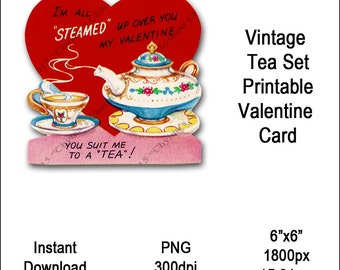 Vintage Tea Set Valentine Card Victorian Valentine’s Printable Tea Cup Kettle Clipart Card Instant Download Digital Clip Art Image Vin0008