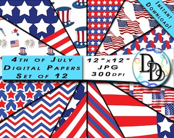 12 July 4th Independance Day American Red White & Blue Printable Digital Scrapbook Paper Set Instant Download Clip Art Commercial Use PS0020