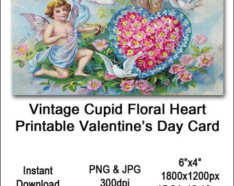 Vintage Cupid Valentines Card Victorian Printable Flower Heart Cherub Clipart Card Instant Download Digital Clip Art Image Vin0016