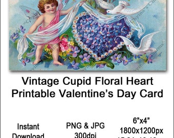 Vintage Cupid Valentines Card Victorian Printable Flower Heart Cherub Sash Clipart Card Instant Download Digital Clip Art Image Vin0017