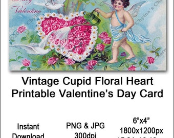 Vintage Cupid Valentines Card Victorian Printable Cupid Floral Flower Heart Clipart Card Instant Download Digital Clip Art Image Vin0015