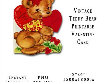 Bear Valentine Card Vintage Valentine’s Day Printable Teddy Bear Animal Clipart Card with Hearts Instant Download Digital Image Vin0009