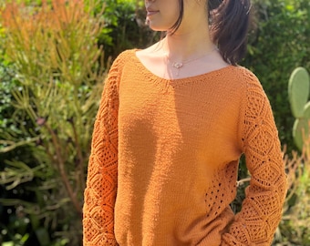 KNITTING PATTERN: Finestra Sweater - filigree sleeves, top down seamless construction - written & charted pattern in English - 7 sizes