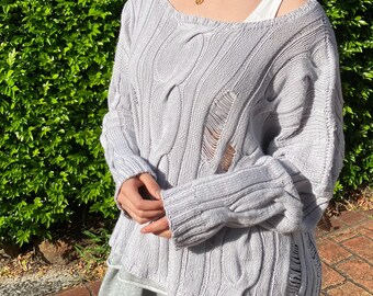 KNITTING PATTERN: TANA Sweater | knitted oversize top | asymmetric cables, rib, holes / ladders- English / French written pattern - 2 sizes