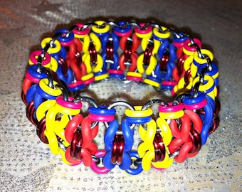 7" Bohemian Weave Red Blue & Yellow Stretch Chainmaille Bracelet Club Cyber Statement Jewelry