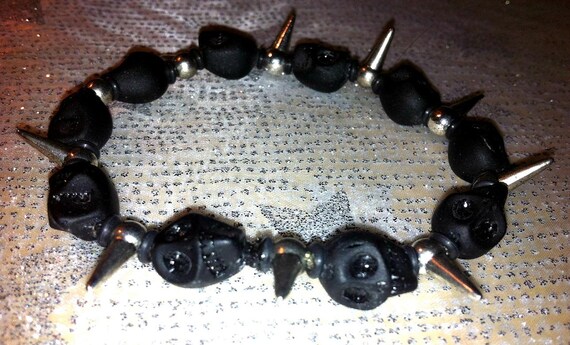 Black Obsidian Skull Bead Stretch Bracelets with Pewter Spikes Rubber  Rings Goth Industrial Punk Spooky Halloween Day of the Dead