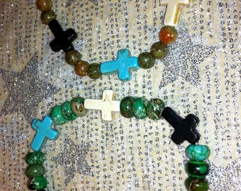Stretch Bracelets with Howlite Crosses and Assorted Gemstone Beads in Earth Colors - Boho Folk  Goth Steampunk