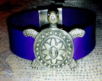 7 7/8"  20mm Flat Leather Purple Bracelet with Antique Silver Turtle & Embossed Floral Magnetic Clasp  Boho Minimalist Mod