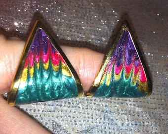 Vintage 1980's Triangular Enamel Multicolor Post Earrings - Rainbow Colors Art Deco Very Lightweight