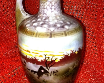 Vintage Multi-Colored Ombre Style Painted Ceramic Pitcher Vase, Earth Tones  Cottage Chic