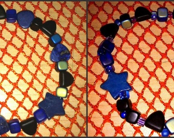 7 1/2" Blue Mood Beaded Stretch Bracelets Set of Two  Boho Retro Gift Idea Friendship