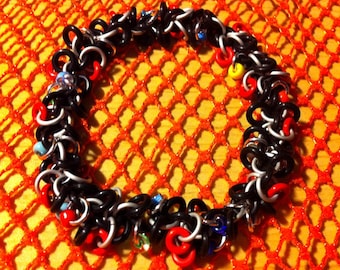 7 1/4" Black & Silver Shaggy Style Loop Stretch Chainmaille Bracelet with Beads Goth Boho Boutique