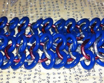 4:1 Stretch Chainmaille 2-Row Bracelet, Navy with Silver & Red Jump Rings Goth Cyber Boho