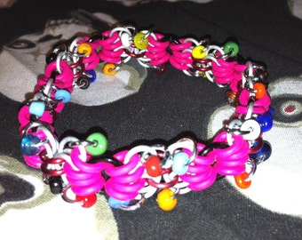 7 1/2" Hot Pink 8:1 Butterfly Weave Chainmaille Stretch Bracelet with Bead Trim Goth Cyber Club Boho