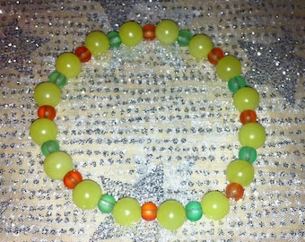 Round Yellow Jade Bead Stretch Bracelets with Frosted Glass Spacers Gemstone Jewelry  Art Deco Boho Zen