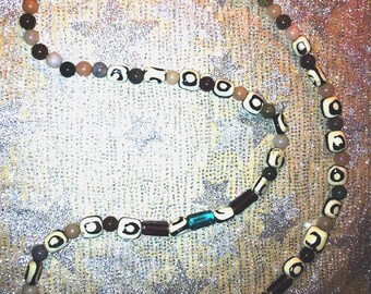 32" Stones and Bones Necklace with African Bone Beads, Gemstone and Resin Beads - Tribal Ethnic Primitive