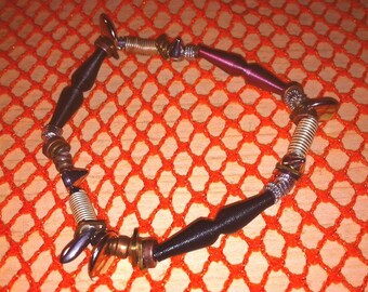 7 1/2" Steampunk Stretch Bracelet with Springs, Assorted Rings & Beads Goth Industrial Tribal