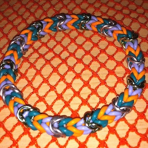 7 1/2&quot; Foxtail Byzantine Combo Chainmaille Stretch Bracelet - Orange, Light Blue & Teal Edwardian Renaissance Steampunk