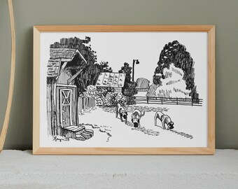 Three Farm Dogs Black and Grey Original Fine Art Print Ink Drawing