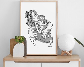 Mother Child Giclée Print of Ink Drawing, Gray