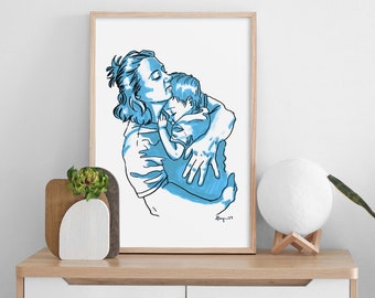 Mother Child Giclée Print of Ink Drawing, Cool Toned