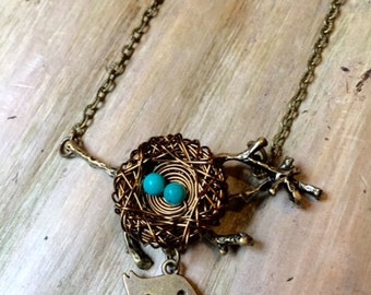 Mama Bird Nest Necklace with 2 turquoise mini eggs