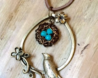 Mama Bird Nest, with 3 turquoise eggs, within a perching bird charm