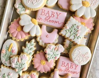 One Dozen Neutral/Pink/Floral Baby in Bloom Sugar Cookies, Floral Baby Shower, Baby in Bloom