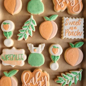 One Dozen Sweet as a Peach Baby Shower Sugar Cookies, Peach Theme Baby Shower