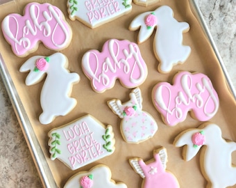 One Dozen Bunny Baby Shower Sugar Cookies