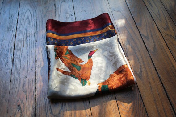 Big silk scarf mallard ducks 80s vintage scarf fly